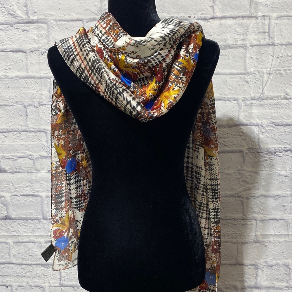 Vince Camuto Floral Plaid Scarf with Blue and Yellow Accents